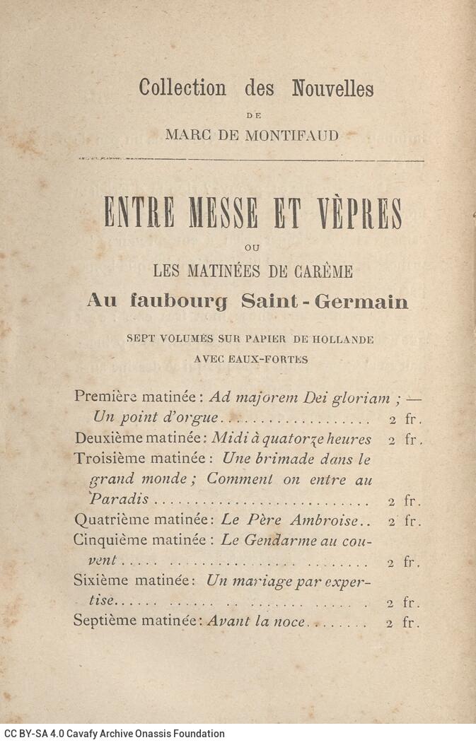 19 x 12 cm; 8 s.p. + 257 p. + 3 s.p., l. 1 advertisement on recto, l. 3 half-title page and bookplate CPC on recto and inform